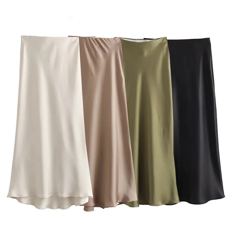Satin High Waist Long Skirt