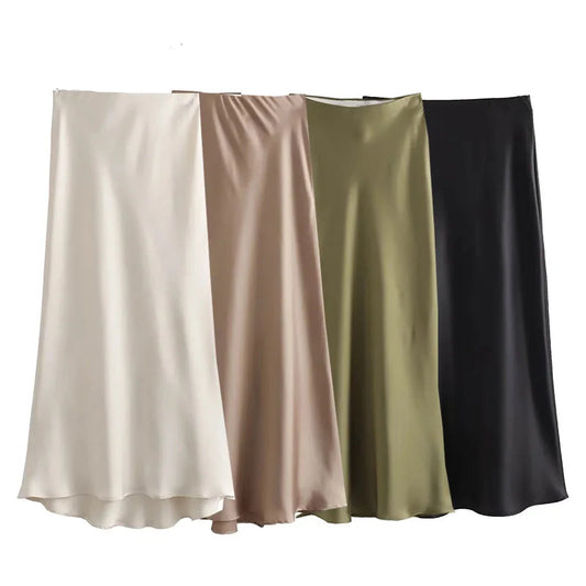 Satin High Waist Long Skirt