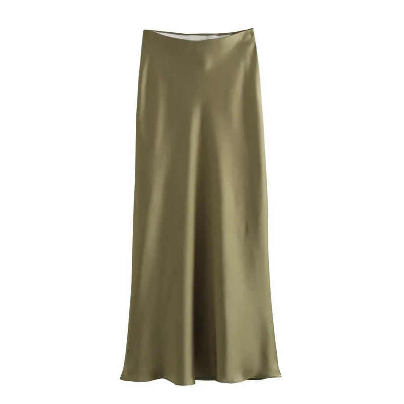 Satin High Waist Long Skirt