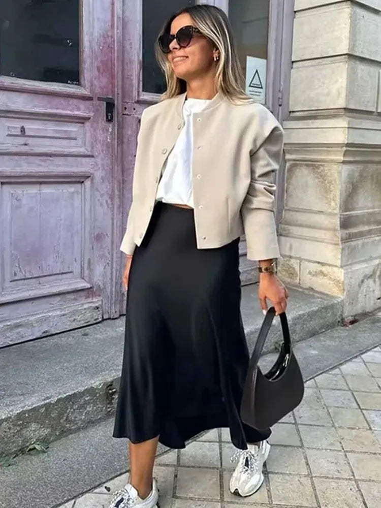 Satin High Waist Long Skirt